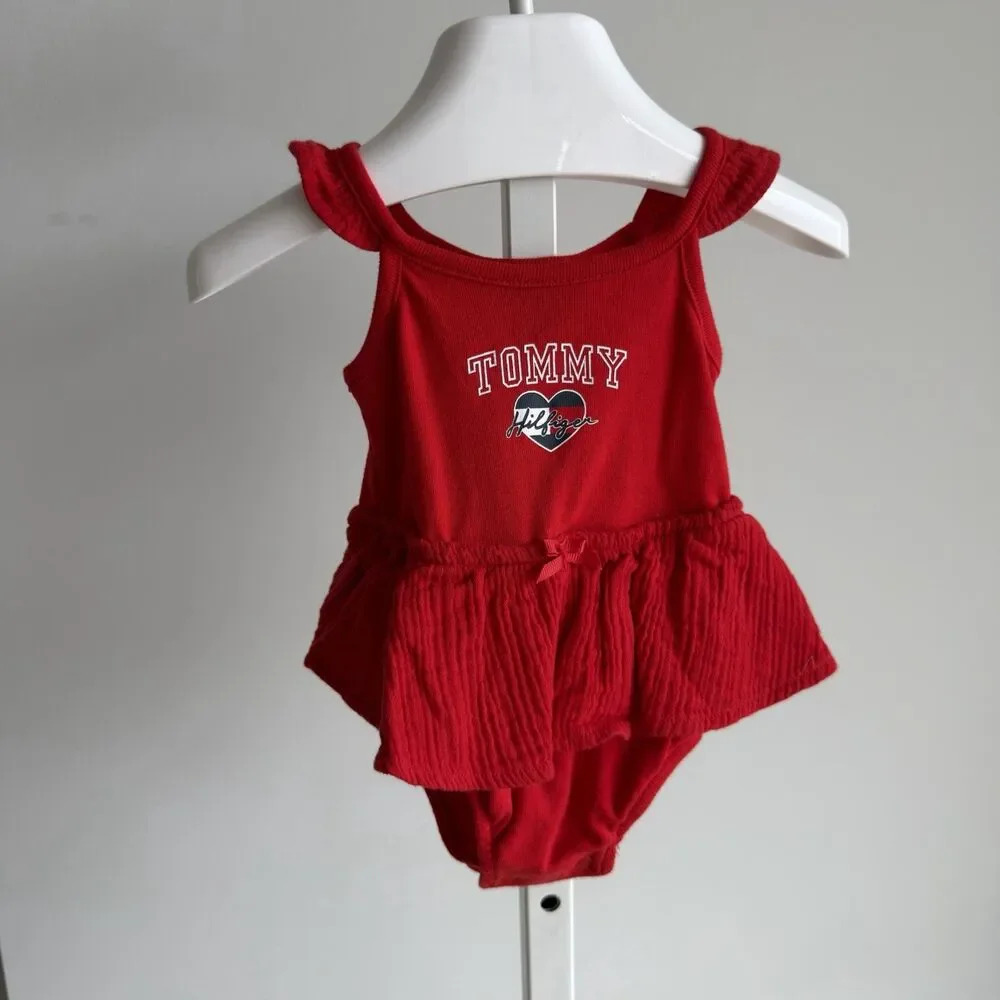 Tommy Hilfiger Baby Red Ruffle Bodysuit Dress Heart Logo 0-3M USA Preppy Classic